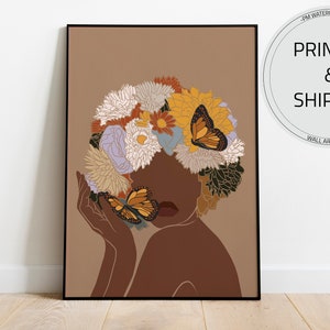 African Woman Art, Flower Head Woman, PRINTED & SHIPPED, Black Woman Wall Art, Black Girl Wall Art, Boho Art, Fashion print, Printable Art. image 1