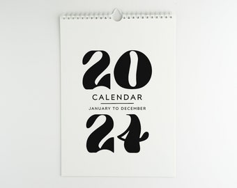 2024 Minimal Wall Calendar, Wall Calendar 2024, 12 Month Calendar, Calendar Hanging A4 Paper Size,  Black White Color Calendar, Minimalist.