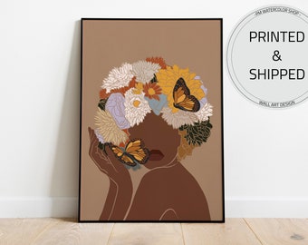 African Woman Art, Flower Head Woman, PRINTED & SHIPPED, Black Woman Wall Art, Black Girl Wall Art, Boho Art, Fashion print, Printable Art.