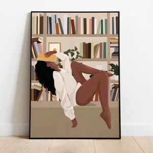 Book girl art, Black Woman Wall Art, African American Art, Black Art, Digital Art, INSTANT DOWNLOAD, Book Lover Art, Book art, Fashion Girl.