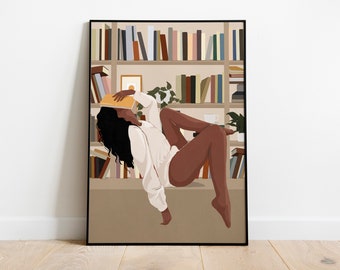 Book girl art, Black Woman Wall Art, African American Art, Black Art, Digital Art, INSTANT DOWNLOAD, Book Lover Art, Book art, Fashion Girl.