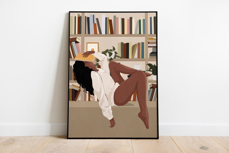 Book girl art, Black Woman Wall Art, African American Art, Black Art, Digital Art, INSTANT DOWNLOAD, Book Lover Art, Book art, Fashion Girl. image 1
