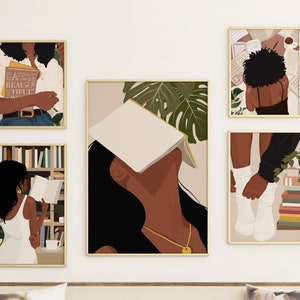 Set of 5 Black Woman Art, Black Art Set, Gallery Wall, booklover Wall Art, Book Lover Art, Black Girl Art Print, Printable Art, Wall Set.