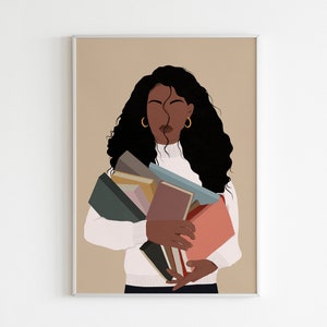 Arte amante de los libros, arte de la mujer negra, niña negra sosteniendo un libro, arte de niñas y libros, arte de niñas africanas, arte de la pared del libro, arte impreso femenino, arte negro.