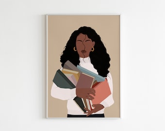 Book lover art, Black Woman Art, Black girl holding book, Girl and Book Art, African Girl Art, Book Wall Art, Female Print Art, Black Art.