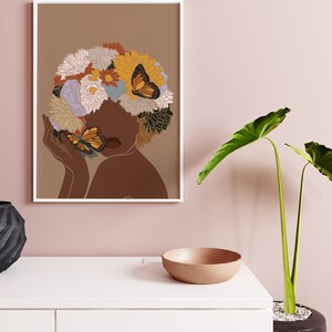 African Woman Art, Flower Head Woman, PRINTED & SHIPPED, Black Woman Wall Art, Black Girl Wall Art, Boho Art, Fashion print, Printable Art. image 6