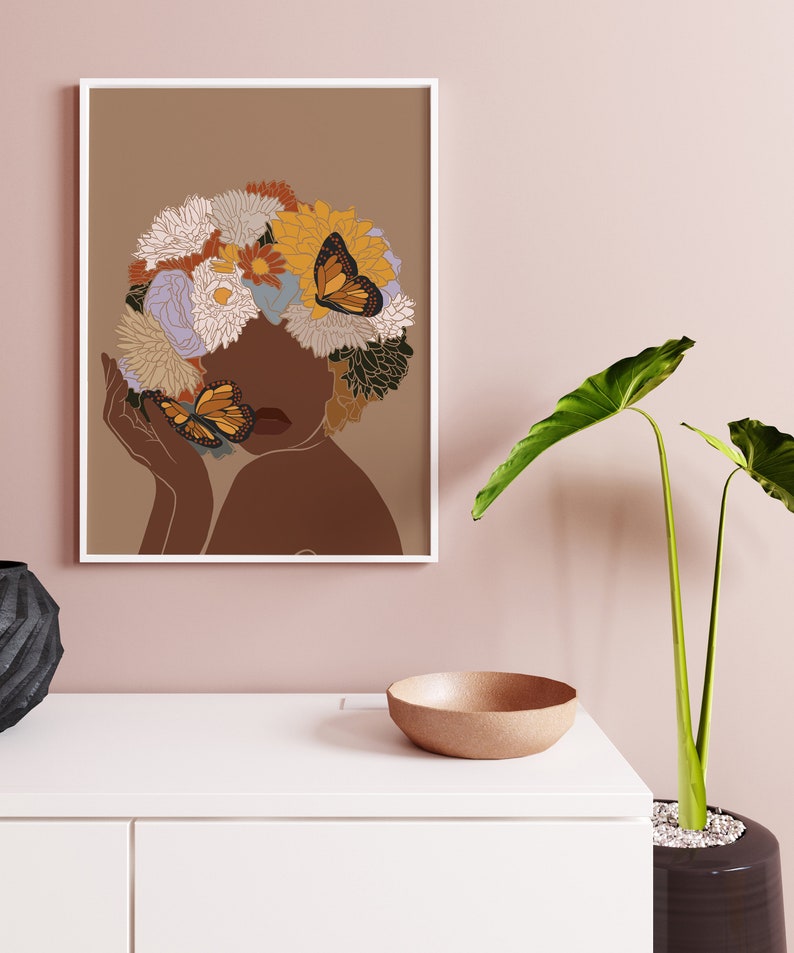 African Woman Art, Flower Head Woman, PRINTED & SHIPPED, Black Woman Wall Art, Black Girl Wall Art, Boho Art, Fashion print, Printable Art. image 6