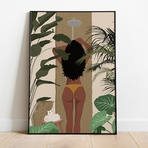 Schwarzes Mädchen-Dusche-Kunst, schwarze Frau Kunst, schwarzes Mädchen Kunst, Tropical Kunst, digitaler Download, INSTANT DOWNLOAD, Badezimmer Kunst, Mädchen-Wand-Dekor.