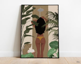 Black Girl Shower Art, Black Woman Art, Black Girl Art, Tropical Art, Digital Download, INSTANT DOWNLOAD, Bathroom Art, Girl Wall Decor.