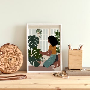 Black art, Black girl poster, African Girl Art, Plant Lover Gift, Black Woman Art, African American art, Modern Mid Century, Indoor Plants. image 4