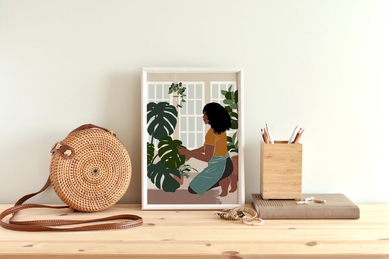 Black art, Black girl poster, African Girl Art, Plant Lover Gift, Black Woman Art, African American art, Modern Mid Century, Indoor Plants. image 4