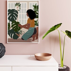 Black art, Black girl poster, African Girl Art, Plant Lover Gift, Black Woman Art, African American art, Modern Mid Century, Indoor Plants. image 3