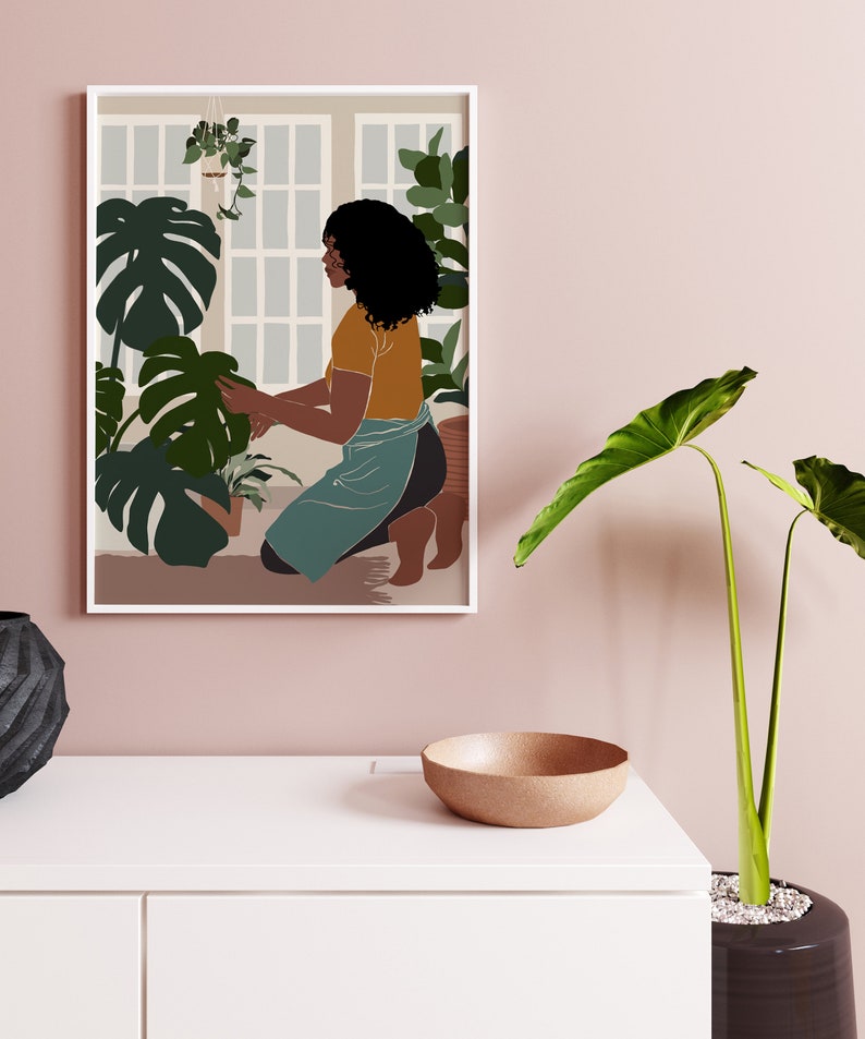 Black art, Black girl poster, African Girl Art, Plant Lover Gift, Black Woman Art, African American art, Modern Mid Century, Indoor Plants. image 3