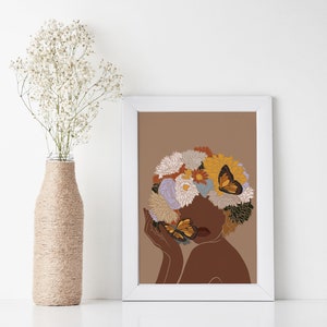 African Woman Art, Flower Head Woman, PRINTED & SHIPPED, Black Woman Wall Art, Black Girl Wall Art, Boho Art, Fashion print, Printable Art. image 5