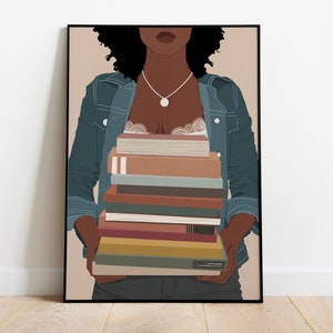 Schwarze Frau Kunst, schwarze Kunst, schwarzes Mädchen Poster, digitaler Download, Buchliebhaber, Buch Kunstdruck, schwarzes Mädchen hält Buch, Wohnzimmer Kunstdruck