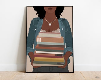 Black Woman Art, Black Art, Black Girl Poster, Digital Download, Book Lover, Book Art Print, Black Girl Holding Book, Living room Art Print