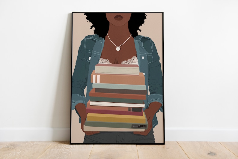 May include: A digital illustration of a person with dark brown skin, wearing a blue denim jacket and holding a stack of books in front of their chest. The books are various colors and sizes.