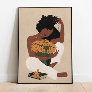Schwarze Frau Kunst, schwarze Kunst, Frau und Blume, digitale Kunst, SOFORTIGER DOWNLOAD, Blumenkunst, Afro Mädchen, Wandkunst, Wand-Dekor, Afro Kunst, Mode.