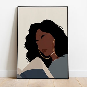 Girl Reading Print, Black art, African American art, Boho Woman illustration, Woman Print, Book Lover Art, Fashion Print, Library Wall Art.