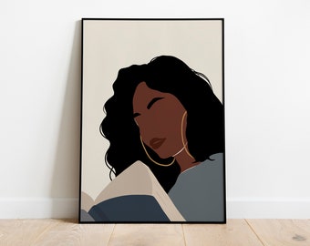 Girl Reading Print, Black art, African American art, Boho Woman illustration, Woman Print, Book Lover Art, Fashion Print, Library Wall Art.