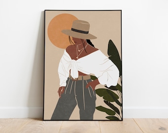 Black girl portrait with hat art African American woman art Black girl magic art Boho woman art Fashion print Black female print wall art.