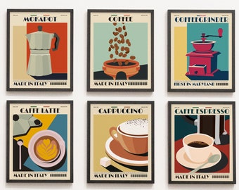 Set of 6, Coffee print, Mid Century Modern, Wall Art, Decor, Coffee lover, Coffee Bar Decor,  Kitchen Art, Minimalist, Gallery Wall Art.