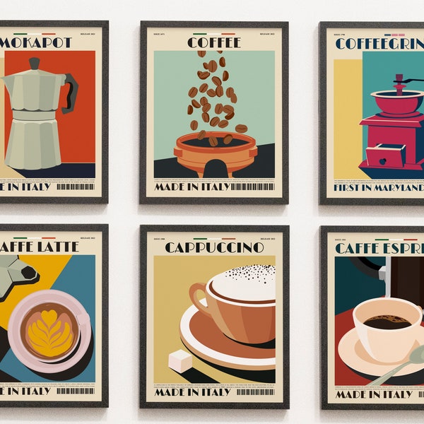 Set di 6, stampa caffè, Mid Century Modern, Wall Art, Decor, Amante del caffè, Coffee Bar Decor, Kitchen Art, Minimalista, Gallery Wall Art.