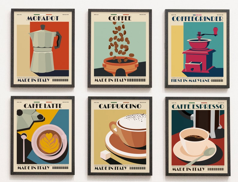 Set of 6, Coffee print, Mid Century Modern, Wall Art, Decor, Coffee lover, Coffee Bar Decor, Kitchen Art, Minimalist, Gallery Wall Art. image 1