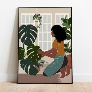 Black art, Black girl poster, African Girl Art, Plant Lover Gift, Black Woman Art, African American art, Modern Mid Century, Indoor Plants. image 1