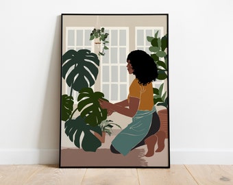 Black art, Black girl poster, African Girl Art, Plant Lover Gift, Black Woman Art, African American art, Modern Mid Century, Indoor Plants.