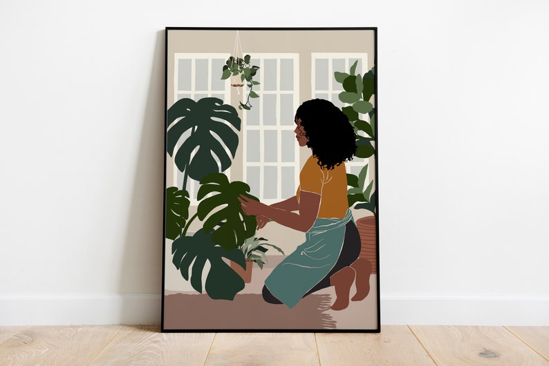 Black art, Black girl poster, African Girl Art, Plant Lover Gift, Black Woman Art, African American art, Modern Mid Century, Indoor Plants. image 1