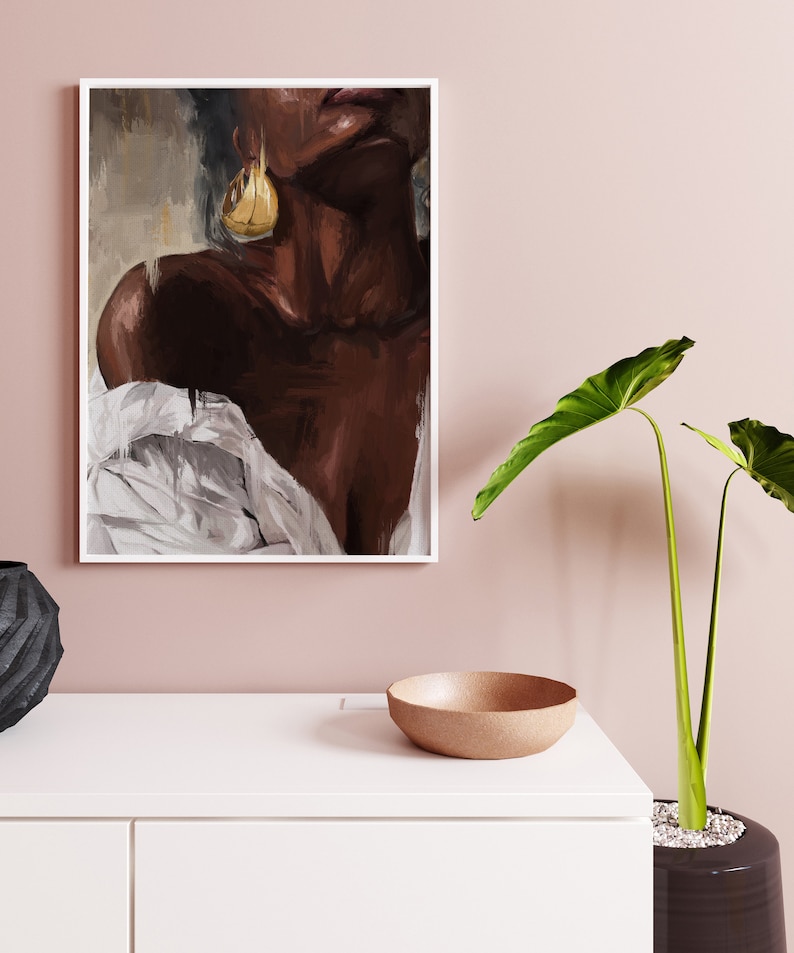 Black Woman WallArt Print Oil Painting Canvas Texture.