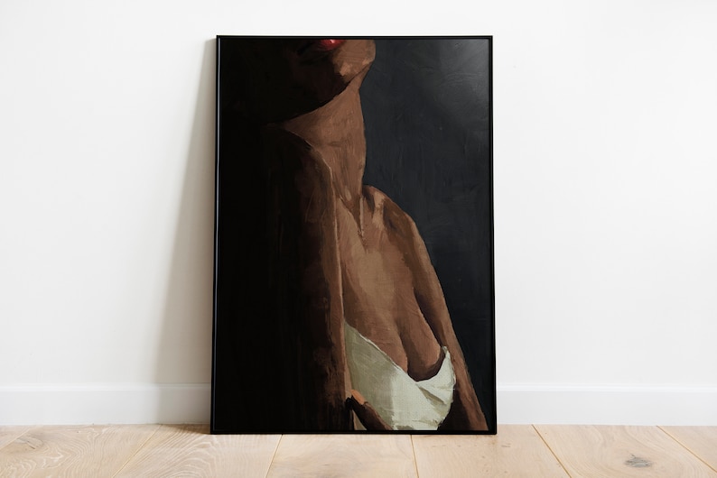 May include: A painting of a person's torso, with a focus on the neck and shoulders. The person is wearing a white top and has red lips. The background is dark.