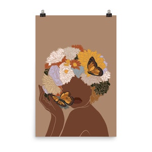 African Woman Art, Flower Head Woman, PRINTED & SHIPPED, Black Woman Wall Art, Black Girl Wall Art, Boho Art, Fashion print, Printable Art. image 2