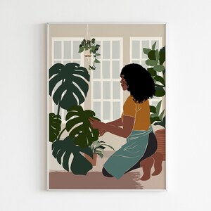 Black art, Black girl poster, African Girl Art, Plant Lover Gift, Black Woman Art, African American art, Modern Mid Century, Indoor Plants. image 2