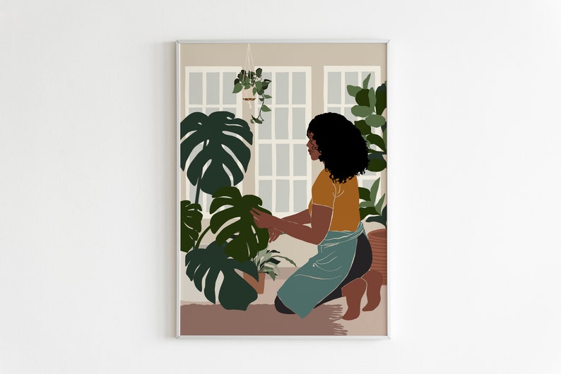 Black art, Black girl poster, African Girl Art, Plant Lover Gift, Black Woman Art, African American art, Modern Mid Century, Indoor Plants. image 2