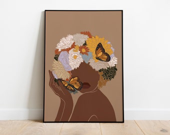 African Woman Art, Flower Head Woman, INSTANT DOWNLOAD, Black Woman Wall Art, Black Girl Wall Art, Boho Art, Fashion print, Printable Art.