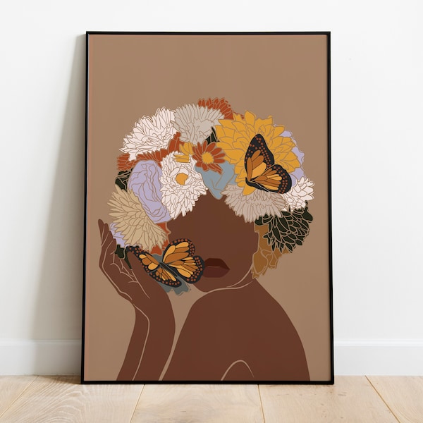 African Woman Art, Flower Head Woman, INSTANT DOWNLOAD, Black Woman Wall Art, Black Girl Wall Art, Boho Art, Fashion print, Printable Art.