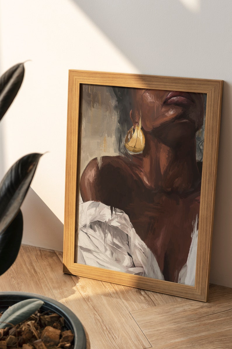 Black Woman WallArt Print Oil Painting Canvas Texture.