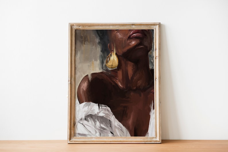 Black Woman WallArt Print Oil Painting Canvas Texture.