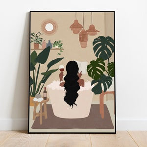 Woman read book in bath tub art Black woman art Female portrait African woman art Female in bath tub Black girl print Printable art Boho art