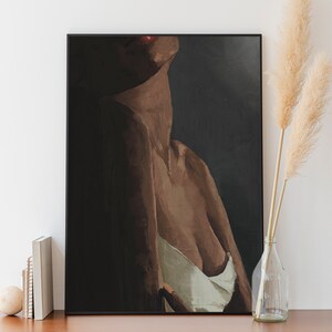 May include: A framed painting of a person's torso with a dark background. The person is wearing a white top and has a red lip.