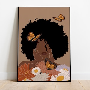 Black Woman Art, INSTANT DOWNLOAD, Flower Woman Art, Printable Art, Boho Wall Art, Fashion print, Black Girl Art Print, Black Woman Art. image 1