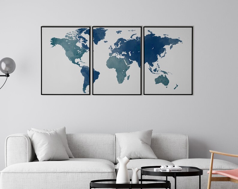 Set of 3 Wall Decor Prints Navy blue Print Wall Art Canvas. World map watercolor Triptych Wall Art Digital Print