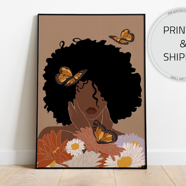 Black Woman Art, PRINTED & SHIPPED, Woman Flower Art, Afro Art Print, Black Girl Poster, Boho Wall Art, Fashion Art Print, Black Girl Print.