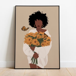 Black art, Black woman art, African American Art, Black Girl Art, Woman Art Decor, Modern Wall Art, Fashion Flower Art, Boho Wall Art.