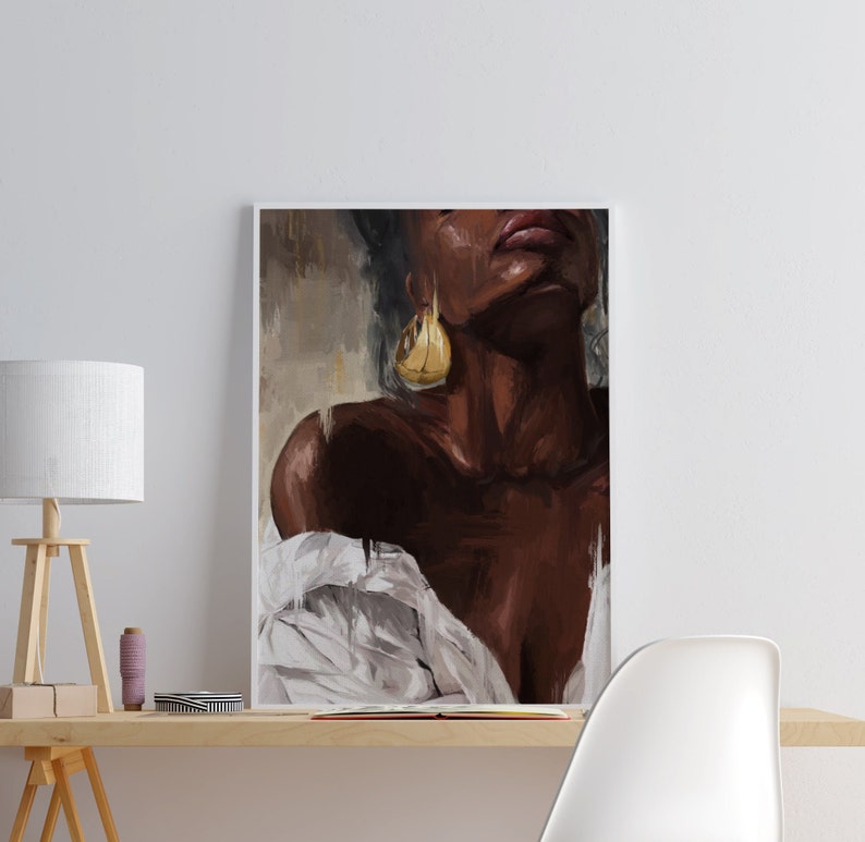 Black Woman WallArt Print Oil Painting Canvas Texture.