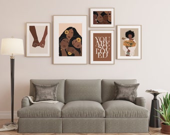 Black art, Black Woman Art Set of 5 Prints, Gallery Wall Art, Black Girl Art Print, Poster Bundle, Woman Gallery Wall, Hand Art Print
