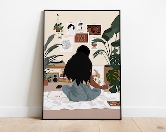 Black Woman Wall Art, Black Art, Afro Girl Wall Art, Painting Lover Art, Tropical Woman Art, Digital, Art Gallery Wall Art, Painting Art.