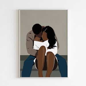 May include: A digital illustration of a couple embracing. The man is wearing a brown sweater and blue jeans. The woman is wearing a white sweater and has long black hair. The couple is sitting on a gray surface.